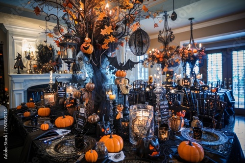 A dining room is decorated for Halloween with pumpkins and candles, creating a spooky and festive atmosphere