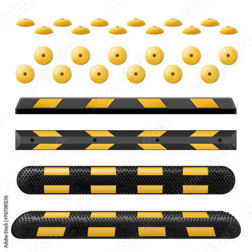 Speed bump element or obstacle on the road to reduce speed on the road. Sleeping policeman. Road safety regulations. Lying Policeman isolated on white. Traffic rules concept. Realistic 3d vector