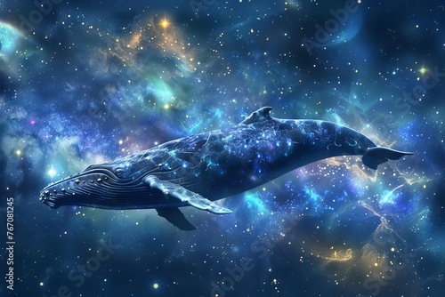 Cosmic Whale Voyage Majestic Cetacean Swimming Through a Starry Galaxy  Surreal Digital Art Illustration
