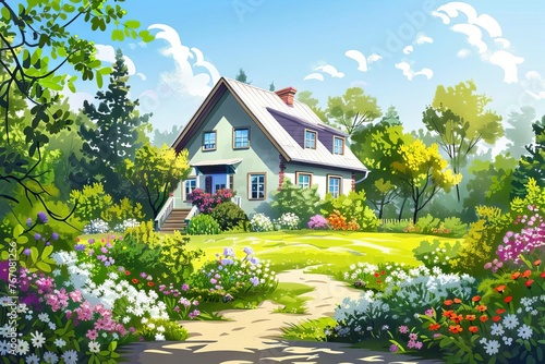 Cozy Cottage House in Blooming Garden, Charming Rural Landscape Illustration
