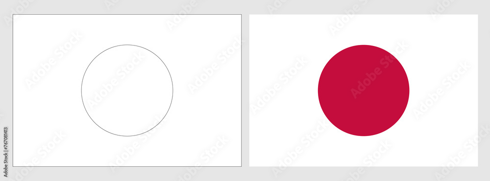 Japan flag - coloring page. Set of white wireframe thin black outline flag and original colored flag. Japan flag - coloring page. Set of white wireframe thin black outline flag and original colored flag.
