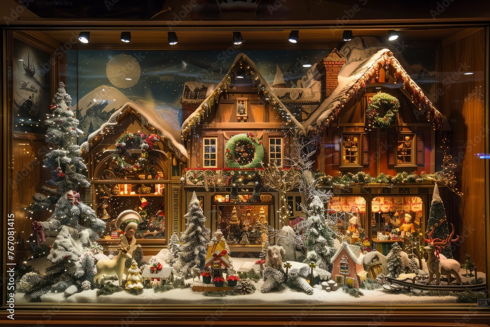 A detailed Christmas scene is showcased inside a glass display case, featuring miniature holiday decorations and festive elements