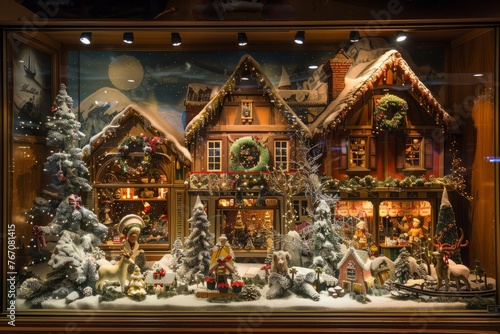 A detailed Christmas scene is showcased inside a glass display case, featuring miniature holiday decorations and festive elements © Ilia Nesolenyi