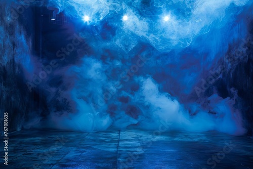 Dark Blue Abstract Interior, Empty Cement Wall Studio Room with Floating Smoke and Lights
