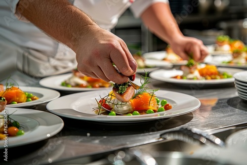 A chef in a modern kitchen meticulously prepares a dish for plating with precision and expertise