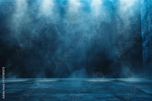 Dark Blue Abstract Interior, Empty Cement Wall Studio Room with Floating Smoke and Lights © furyon