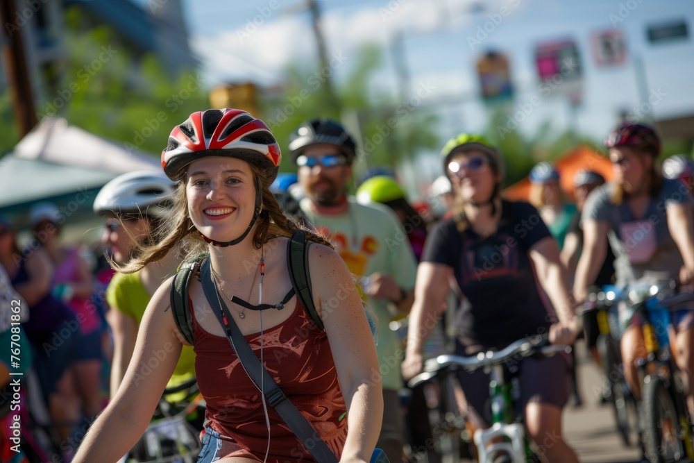 A group of individuals actively cycling down a city street as part of a community event promoting sustainable transportation options