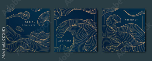 Vector sea waves japanese posters, patterns. Line oriental ornament, art deco golden on black backgrounds. Vintage style cards © marylia17