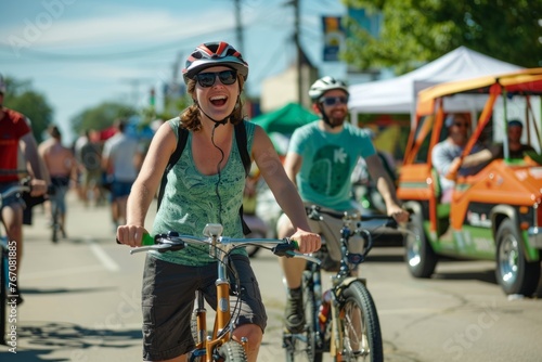 A group of individuals riding bicycles down a street during a sustainable transportation event