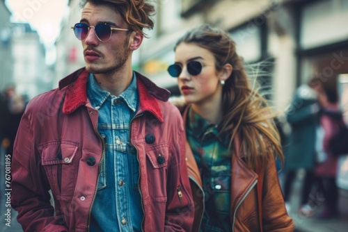 A man and a woman are walking together down a bustling city street, surrounded by buildings and pedestrians