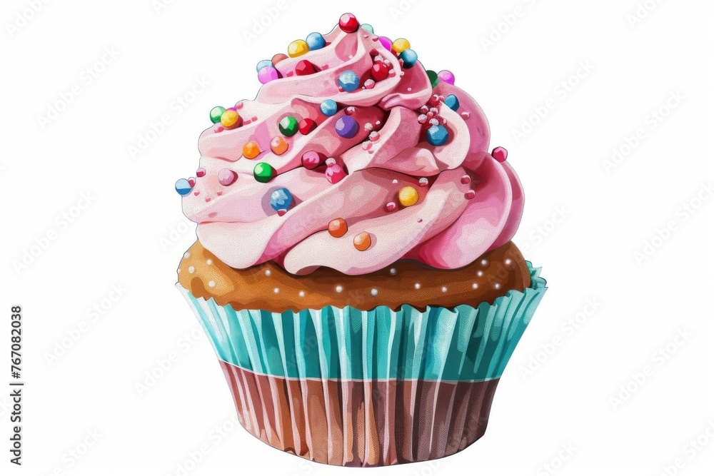 Delectable cupcake with frosting and sprinkles, isolated on white, appetizing dessert closeup, digital food illustration Delectable cupcake with frosting and sprinkles, isolated on white, appetizing dessert closeup, digital food illustration
