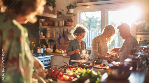 A group of females joyfully cooking together in a professional kitchen  surrounded by culinary tools