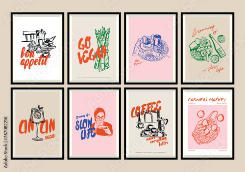 Minimalist hand drawn food and drink vector print poster collection. Art for postcards, branding, logo design, background. Matisse style art.