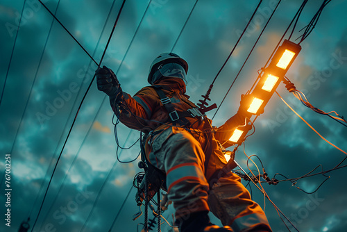 technician working on high telecommunication tower, worker, man works with electricity on a pole, Low angle view of electrician with safety equipment and various work tools, Working electrician, Gener
