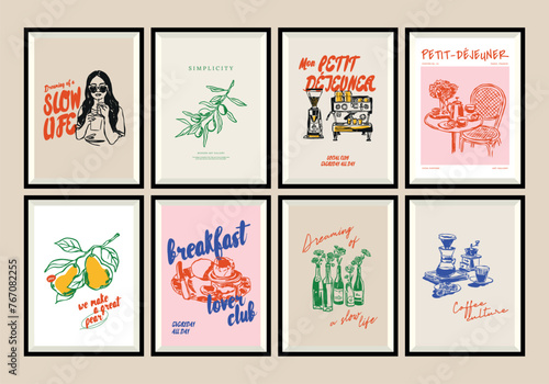 Minimalist hand drawn food and drink vector print poster collection. Art for postcards, branding, logo design, background. Matisse style art.