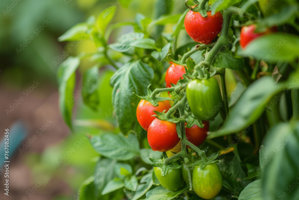 A bunch of red tomatoes hanging from a plant. The tomatoes are ripe and ready to be picked