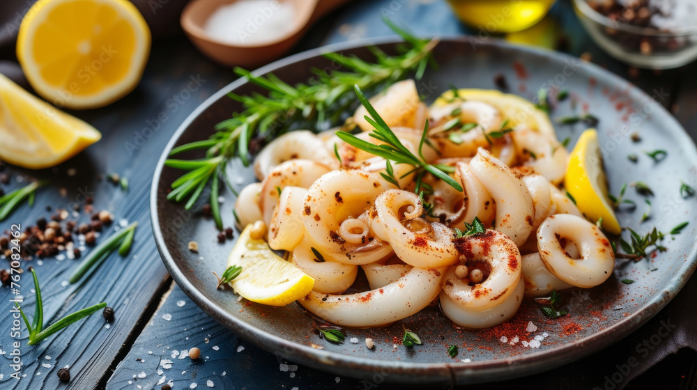 A plate of food with lemon slices and herbs on top. The plate is on a wooden table A plate of food with lemon slices and herbs on top. The plate is on a wooden table