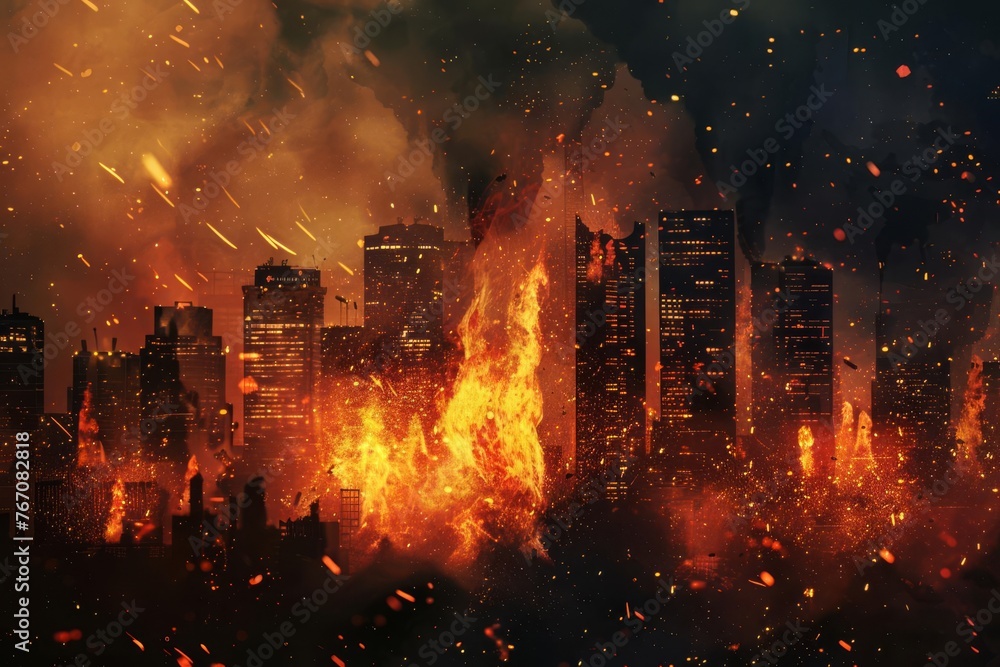 Dramatic Night Scene of a Raging Fire Engulfing a City, Concept Illustration