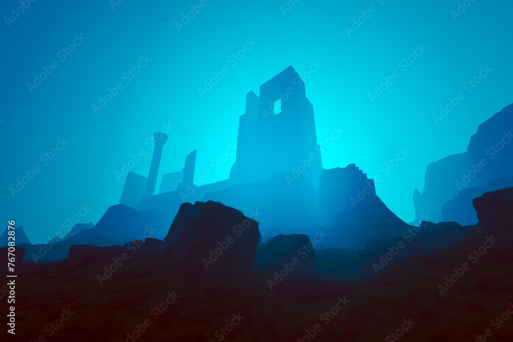 Obraz premium Enigmatic Ancient Ruins Standing Majestically Against a Serene Blue Gradient Sky