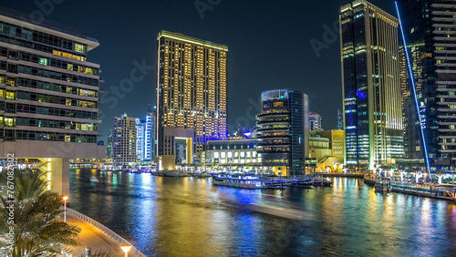 Dubai Marina towers and canal in Dubai night timelapse hyperlapse © neiezhmakov