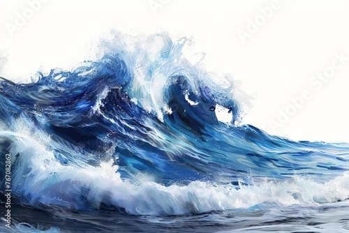 Dramatic stormy sea wave, deep blue ocean swell, climate nature closeup, isolated on white, digital illustration