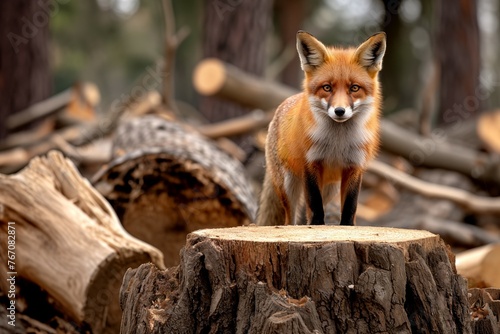 Fox wandering around recently cut tree stumps which used to be its forest home. Concept of deforestaion danger. photo