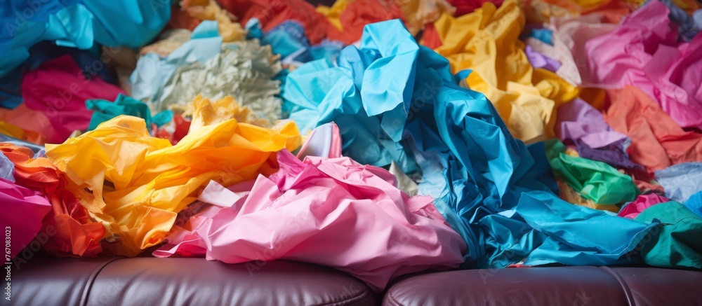 An Artful arrangement of electric blue and magenta tissue paper petals sits on the couch, creating a vibrant pattern. A fashion accessory fit for any leisure event