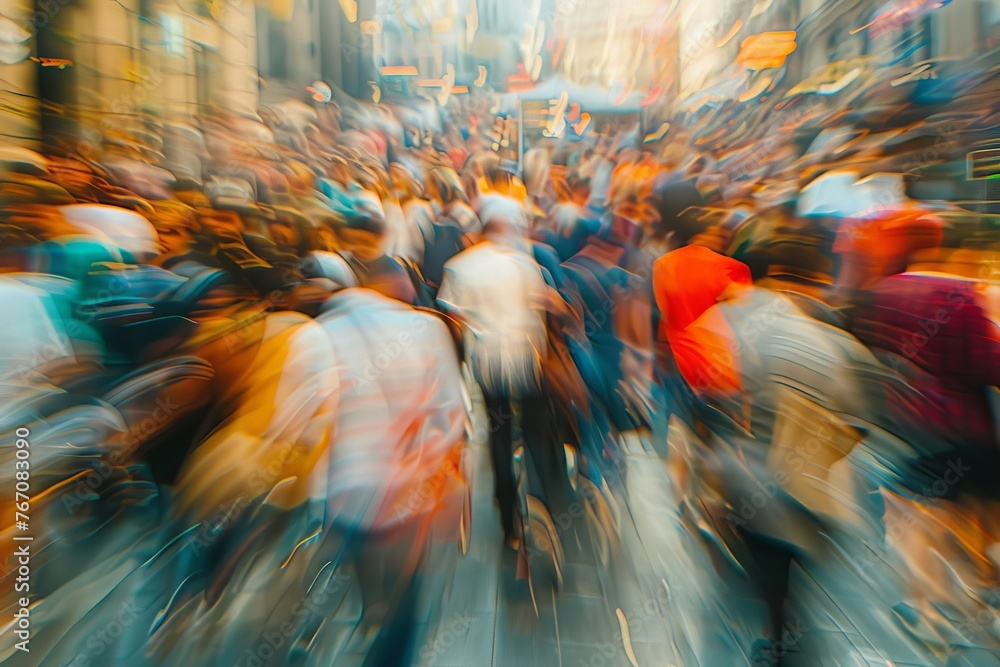 Dynamic crowd of people in a busy public place, motion blur effect, abstract photo - obrazy, fototapety, plakaty 