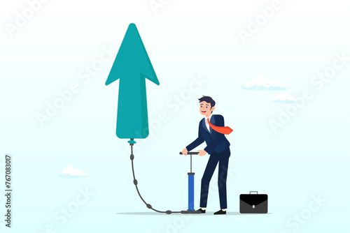 Принти на полотні Businessman inflate air pump into floating green arrow up, growing business, rai
