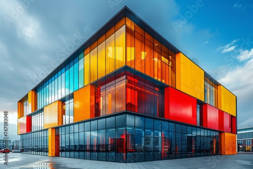 A modern office building embracing a rainbow theme, its architecture brightened with colorful elements 