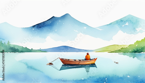 Summer Lake Landscape: Watercolor Vector Illustration of Canoe and Kayak on the Water - Nature-Inspired Design for Outdoor Adventure