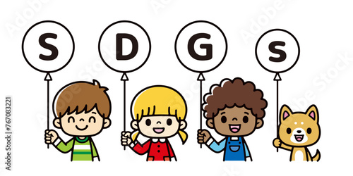 Illustration of children around the world holding SDGs balloons