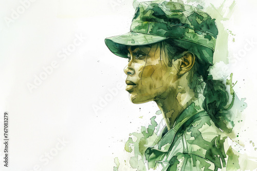 Green watercolor painting of a military personnel, army woman photo