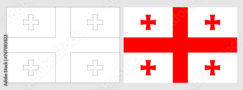 Georgia flag - coloring page. Set of white wireframe thin black outline flag and original colored flag.