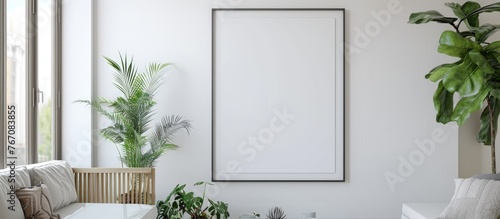 Poster frame of white color in the living room.