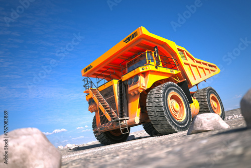 Tableau sur toile Heavy-Duty Mining Dump Truck Fully Loaded on a Dusty Track Under a Clear Sky