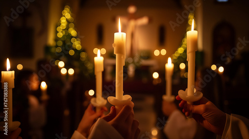 A lit candle in the foreground casts a warm glow, with a blurred cross discernible in the background, creating a serene and spiritual ambiance
