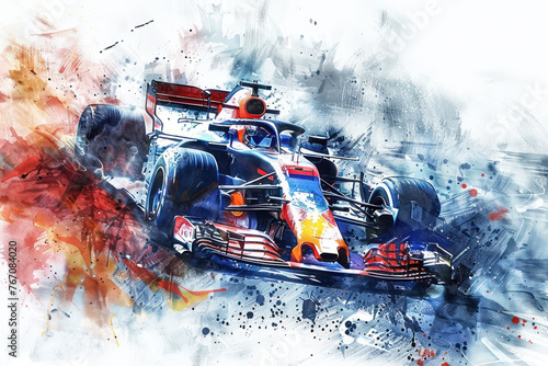Colorful watercolor painting of sport car racing in formula 1 competition