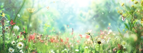 Beautiful spring meadow with daisies and butterflies, blurred background, banner design