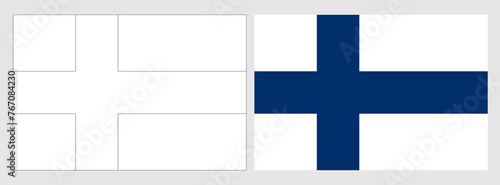 Finland flag - coloring page. Set of white wireframe thin black outline flag and original colored flag.