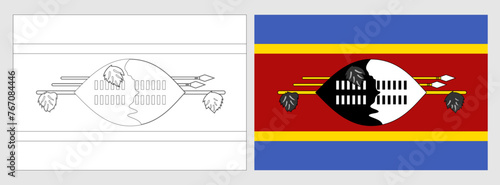 Eswatini flag - coloring page. Set of white wireframe thin black outline flag and original colored flag. photo