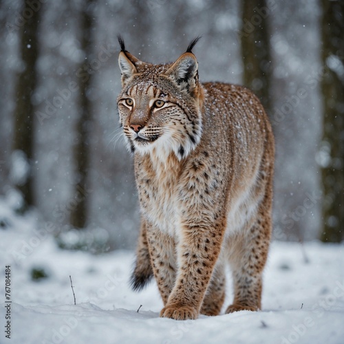 Snow nature. Lynx face walk. Winter wildlife in Europe. Lynx in the snow  snowy forest in February. Wildlife scene from nature  Slovakia. Winter wildlife in Europe.