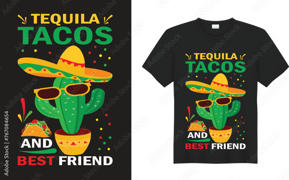 Cinco De Mayo Graphic T-shirt Design. Tequila tacos and best friend. typography, vector, Margarita squad, unique, cartoon Colorful. T-shirts used for fashion, print, poster, banner, card, sticker and 