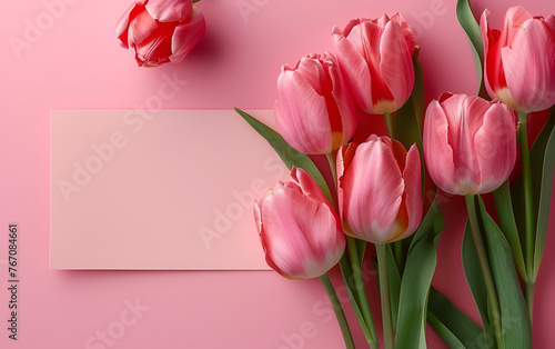 Mother's Day atmosphere idea. Top view composition of bouquets, Delicate red tulips on pink background,  tulips in turquoise envelope on turquoise background, Generative Ai #767084661