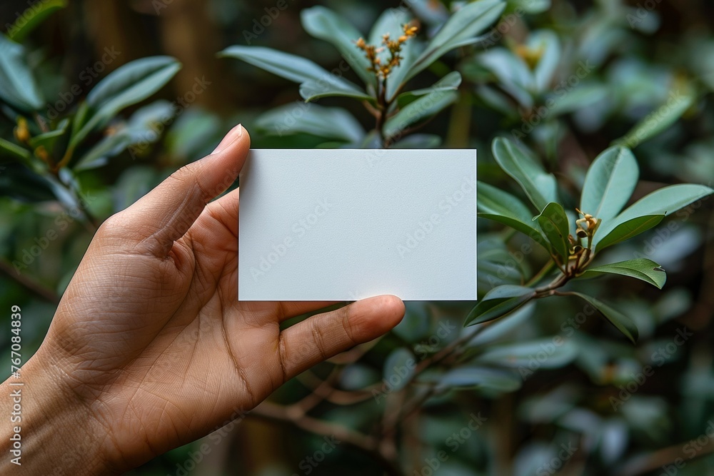 A hand holds a blank card against a background of greenery, ideal for presentation or branding. A hand holds a blank card against a background of greenery, ideal for presentation or branding.
