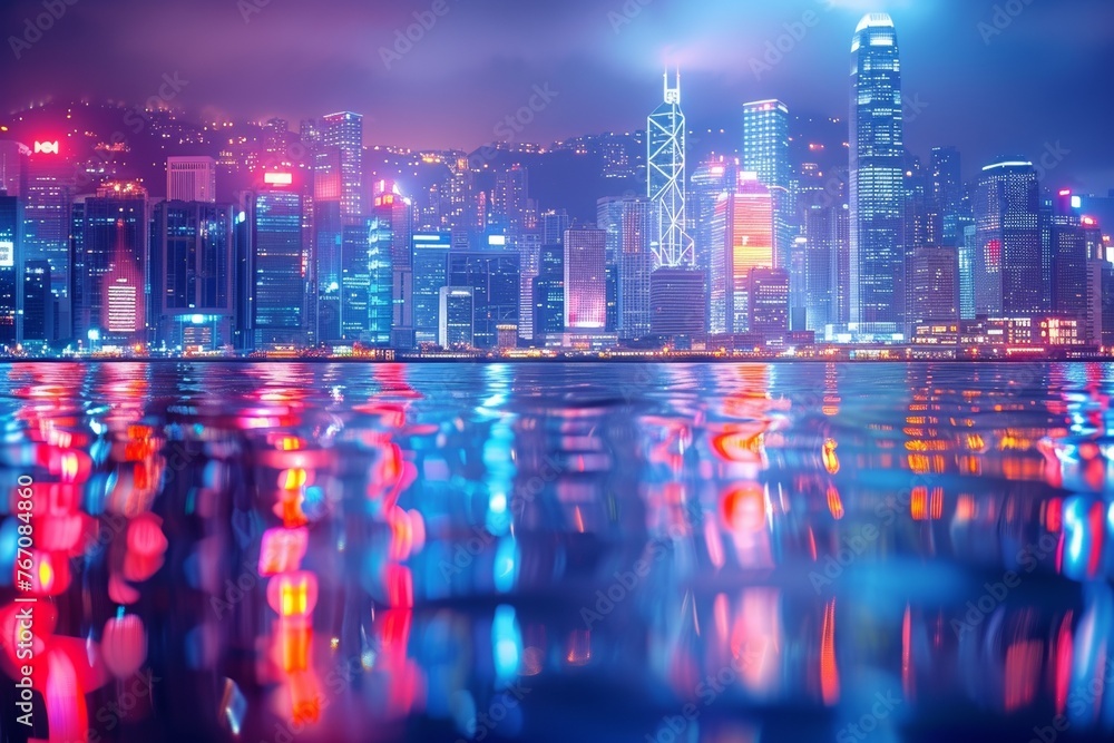 The illuminated skyline reflects over the harbor at night, showcasing modern urban beauty.