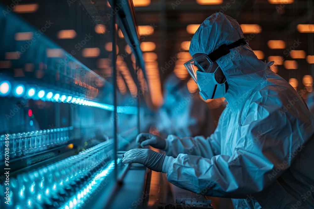 In a modern laboratory, scientists in protective gear conduct research using advanced technology. In a modern laboratory, scientists in protective gear conduct research using advanced technology.