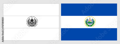 El Salvador flag - coloring page. Set of white wireframe thin black outline flag and original colored flag.