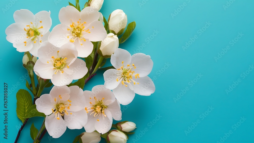 Beautiful spring blossom white flowers on turquoise blue background