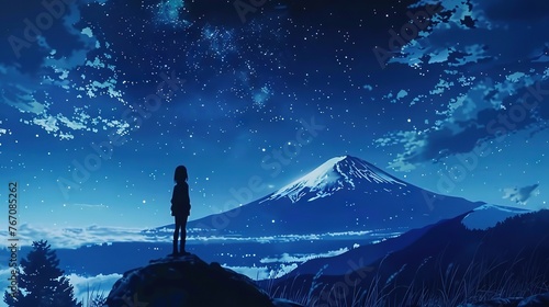 Silhouette of a girl looking at a mountain at night